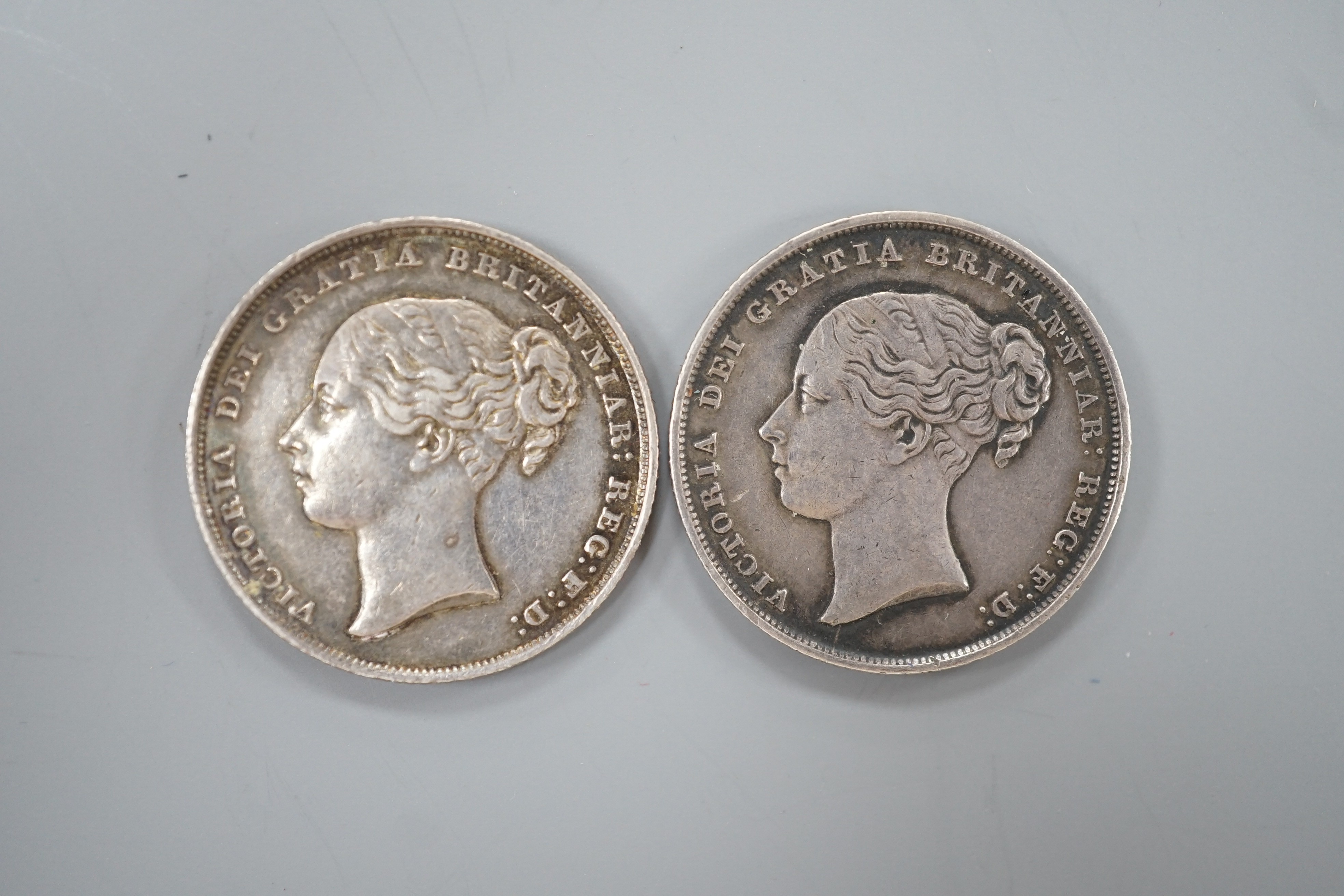 Two Victoria silver shillings 1849, GVF and 1845, VF
